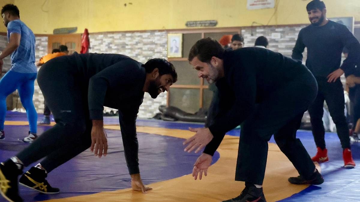 Amid WFI row, Rahul Gandhi visits akhara in Haryana’s Jhajjar, ‘wrestles’ with Bajrang Punia