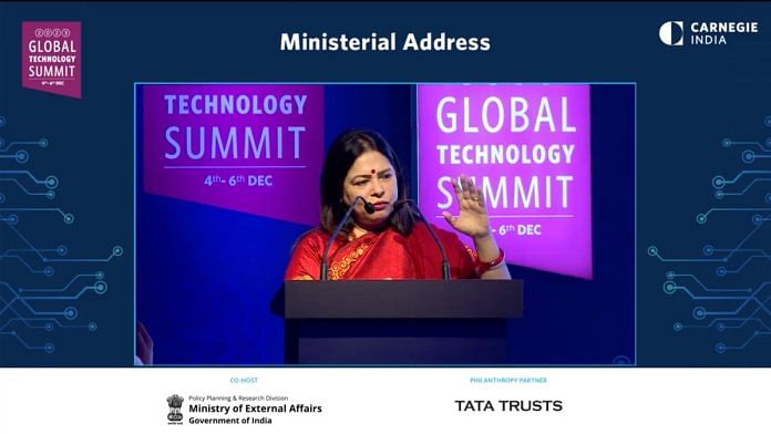 Union Minister Meenakshi Lekhi speaks at the Global Technology Summit, organised by the Ministry of External Affairs and Carnegie India | Screengrab