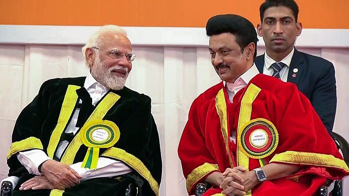 PM Narendra Modi with Tamil Nadu CM M.K. Stalin during the convocation ceremony of Bharathidasan University in Tiruchirappalli Tuesday | ANI