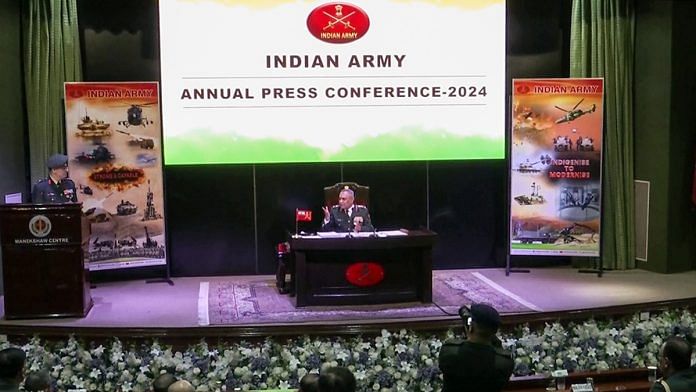 Army chief Gen Manoj Pande addressing annual press conference at Manekshaw Centre in New Delhi, Thursday | ANI
