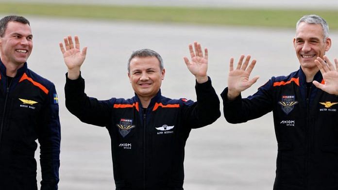Pilot Walter Villadei of Italy, Mission Specialist Alper Gezeravci of Turkey, and ESA (European Space Agency) project astronaut Marcus Wandt of Sweden pose on the day that Axiom Mission 3 will launch to the International Space Station, at Cape Canaveral, Florida | Reuters