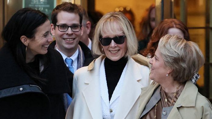 E. Jean Carroll and her attorneys Shawn Crowley and Roberta Kaplan outside the Manhattan Federal Court in New York City, US | Reuters