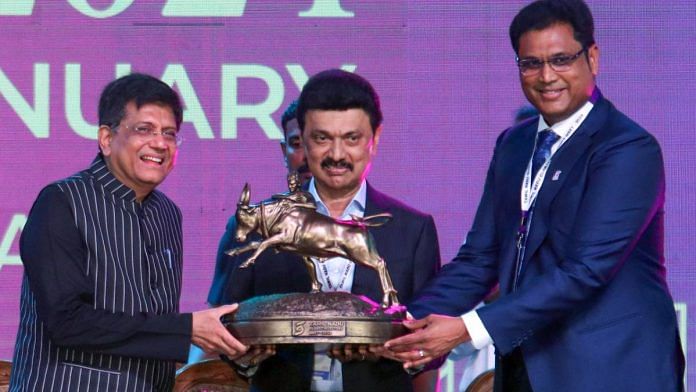 Union Commerce Minister Piyush Goyal with Tamil Nadu Chief Minister M.K. Stalin and Minister for Industries TRB Rajaa at the inauguration of Global Investors Meet 2024 in Chennai Sunday | Photo: ANI