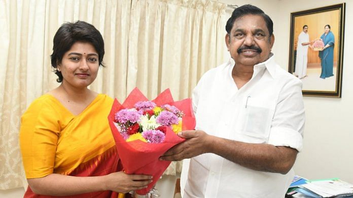 Actor Gayathri Raghuram with AIADMK general secretary Edappadi K. Palaniswami | X/@AIADMKOfficial