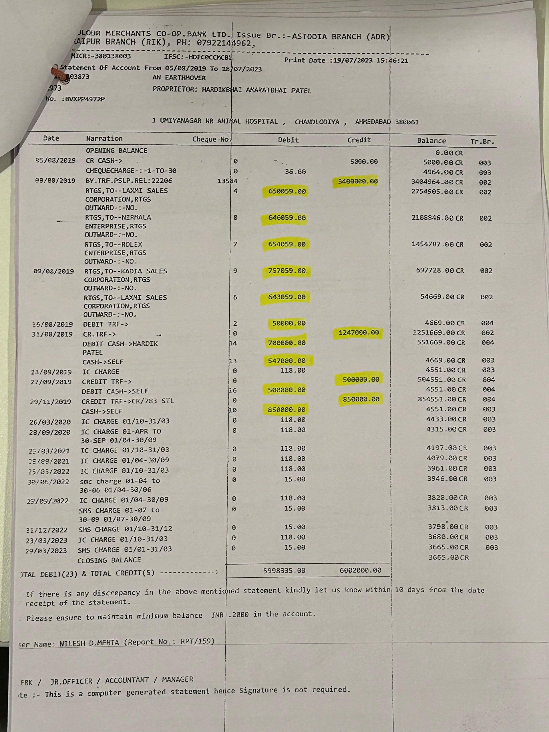 Patel's bank statement with the suspicious transactions highlighted | ThePrint