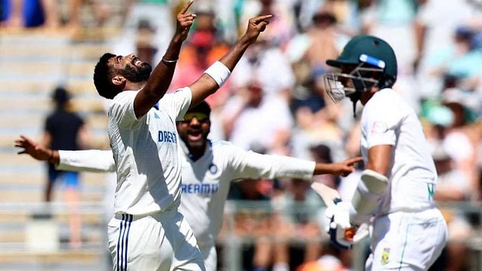 India's Jasprit Bumrah celebrates taking the wicket of South Africa's Keshav Maharaj | Reuters/Esa Alexander