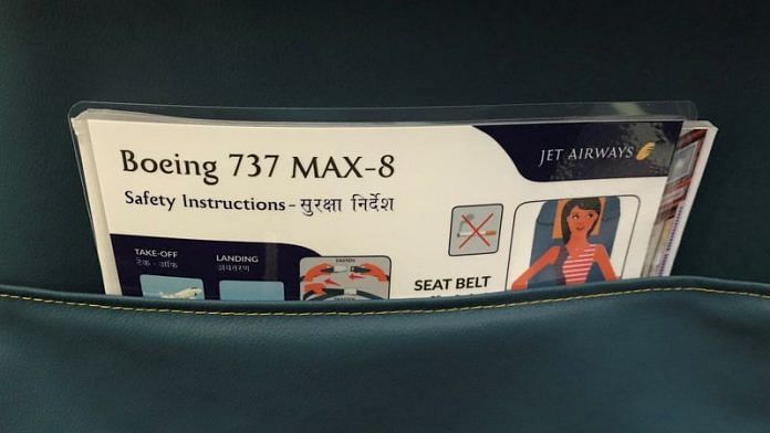 A passenger safety instruction card of Jet Airways Boeing 737 MAX 8 plane is pictured during its induction ceremony at the Chhatrapati Shivaji International Airport in Mumbai | Reuters file photo