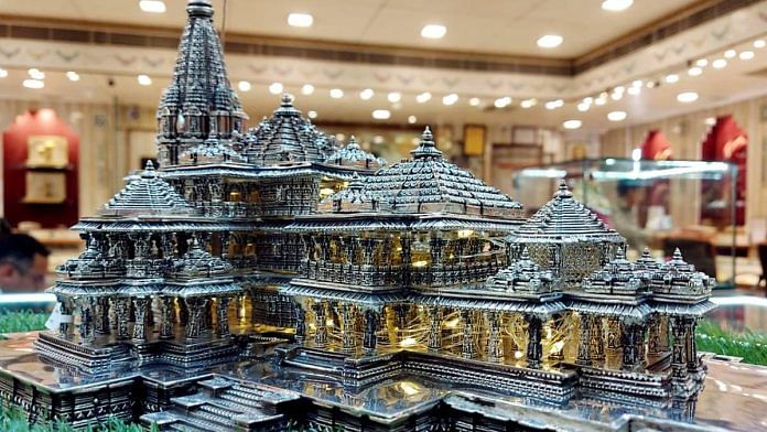 A replica of the Ayodhya Ram Mandir, made of 5.6 kg of silver, on display in Surat Monday | Photo: ANI