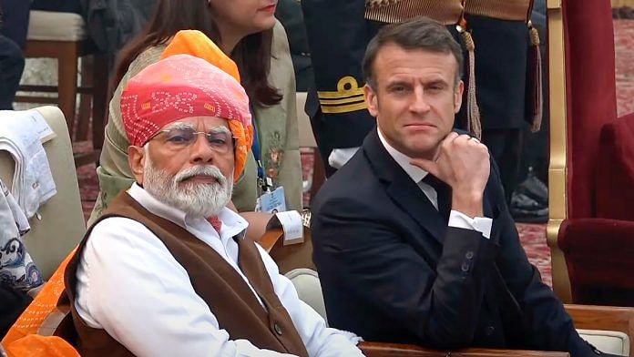 PM Narendra Modi and French President Emmanuel Macron during the 75th Republic Day function, at the Kartavya Path in New Delhi, on 26 Jan 2024 | PTI