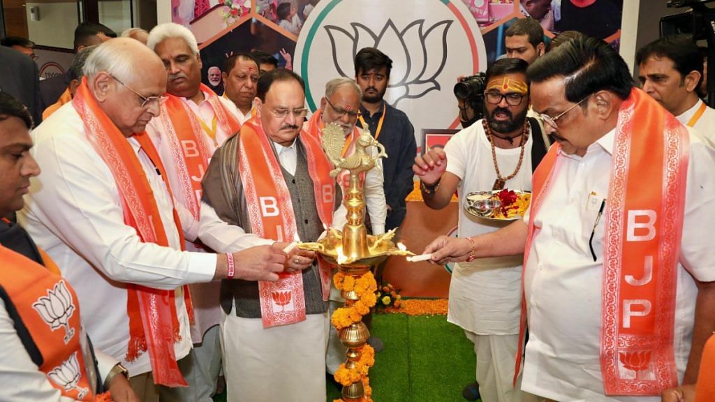 BJP president JP Nadda with Gujarat CM Bhupendra Patel & state BJP chief CR Paatil during launch of central election office in Gandhinagar on 23 Jan 2024 | X@JPNadda