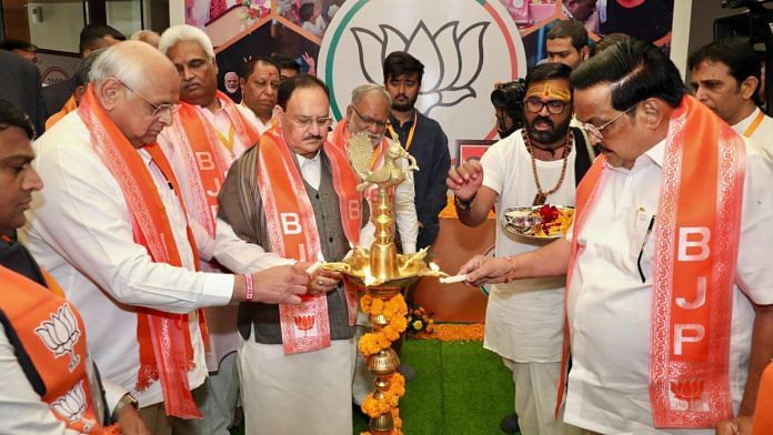 BJP president JP Nadda with Gujarat CM Bhupendra Patel & state BJP chief CR Paatil during launch of central election office in Gandhinagar on 23 Jan 2024 | X@JPNadda