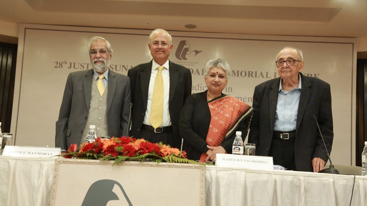 (Left to right) Justice M.B. Lokur (Retd judge of SC) Justice Manmohan (acting Chief Justice of Delhi HC), Justice B.V. Nagarathna and eminent jurist Fali Nariman at the 28th Justice Sunanda Bhandare memorial lecture Friday | By special arrangement
