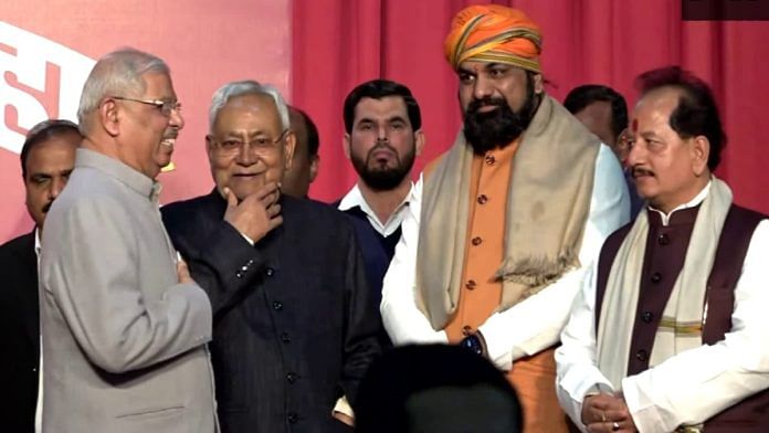 Bihar CM Nitish Kumar with his deputies, BJP's Samrat Chaudhary, Vijay Sinha, and Governor Rajendra Vishwanath Arlekar after the swearing in at Raj Bhavan Sunday evening | ANI