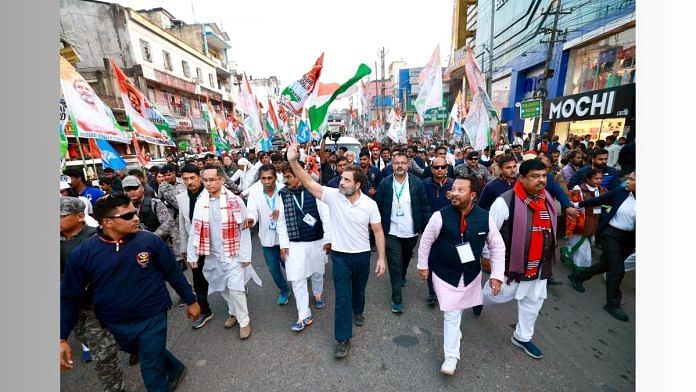 Congress leader Rahul Gandhi waves as he leads the party's 'Bharat Jodo Nyay Yatra', in Jorhat Thursday. Congress General Secretary in-charge (Organisation) KC Venugopal and party leader Gaurav Gogoi are also seen. (ANI Photo)