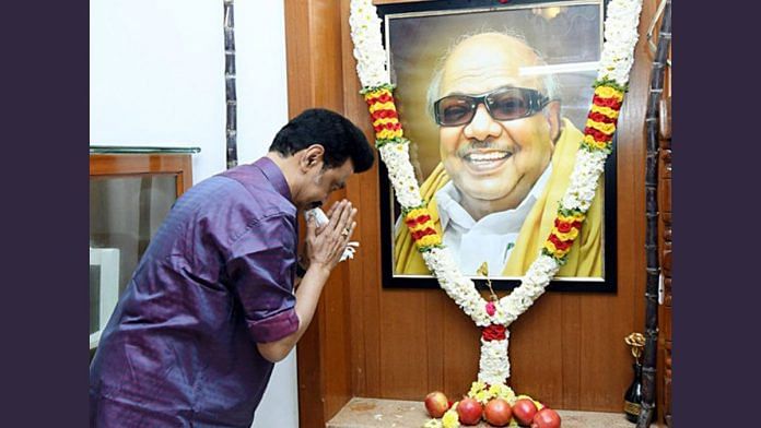 File photo of Tamil Nadu Chief Minister M.K. Stalin paying tribute to the portrait of his father and former state Chief Minister M Karunanidhi in Chennai | ANI
