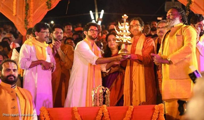 File photo of Shiv Sena (UBT) chief Uddhav Thackeray, son Aaditya, and Shiv Sena MP Sanjay Raut (far left) | X/@AUThackeray