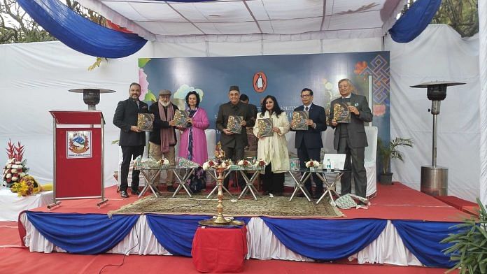 From left to right: Food For Thought Fest Founder Maneesh Baheti, Food critic and Historian Pushpesh Pant, Author Rohini Rana, Former Rajya Sabha member Karan Singh, Penguin Random House India Publisher Milee Ashwarya, Acting Ambassador of Nepal to India Shiv Pratap Shukla, and former Chief of Army Staff, Nepal Army General Gaurav S.J.B. Rana. Photo: Heena Fatima | ThePrint