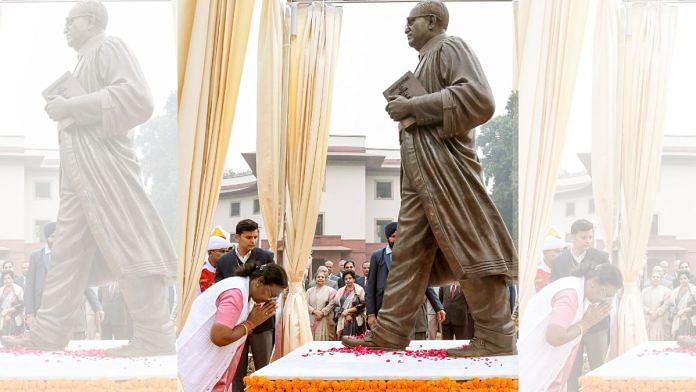 President Droupadi Murmu in front of the statue of BR Ambedkar | ANI