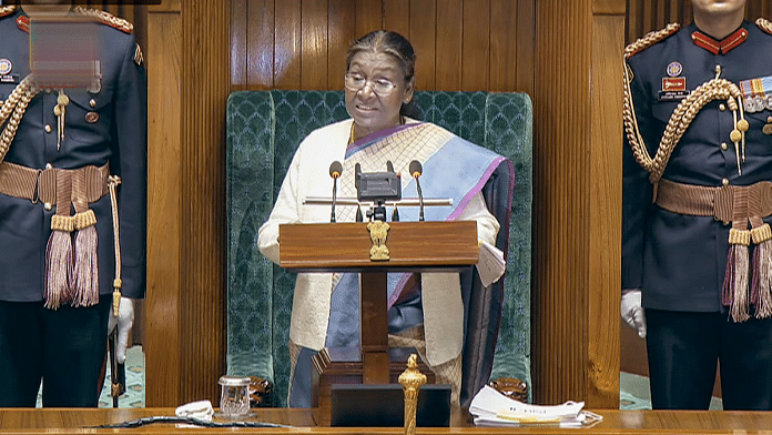 President Droupadi Murmu addresses joint session of Parliament on opening day of the Budget session, in New Delhi on Wednesday | PTI
