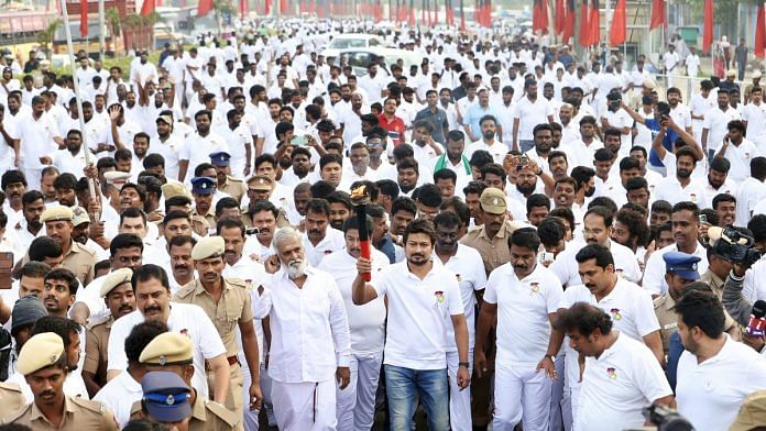 Tamil Nadu Minister for Youth Welfare and Sports Development Udhayanidhi Stalin with others during the inauguration of the torchlight procession on the occasion of DMK's second youth conference, in Chennai on Thursday | ANI