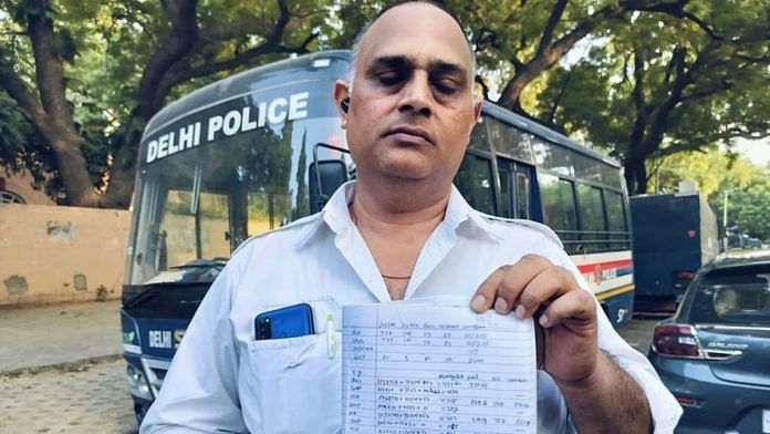 Jasveer Singh holds up his notebook of income calculations. 'We are really not making anything,' he says | Shubhangi Misra | ThePrint