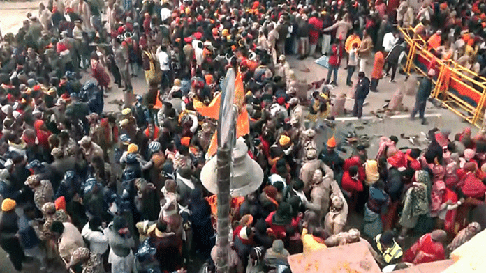 Devotees break through security at Ram Mandir in Ayodhya on Tuesday | ANI