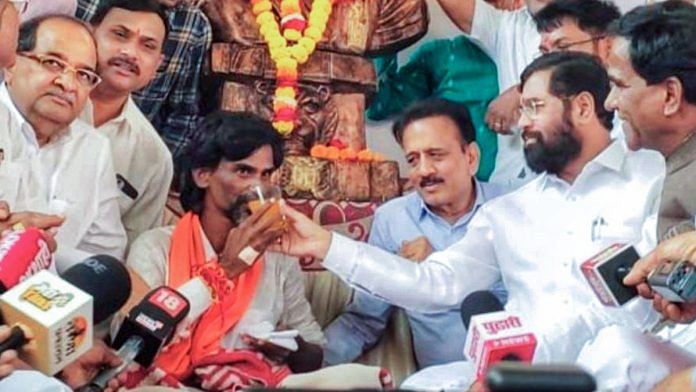 File photo of CM Eknath Shinde offering juice to Manoj Jarange Patil after one of his fasts | ANI