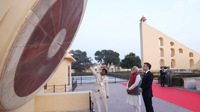 PM Narendra Modi and France President Emmanuel Macron at Jantar Mantar in Jaipur | Pic credit: X/@narendramodi
