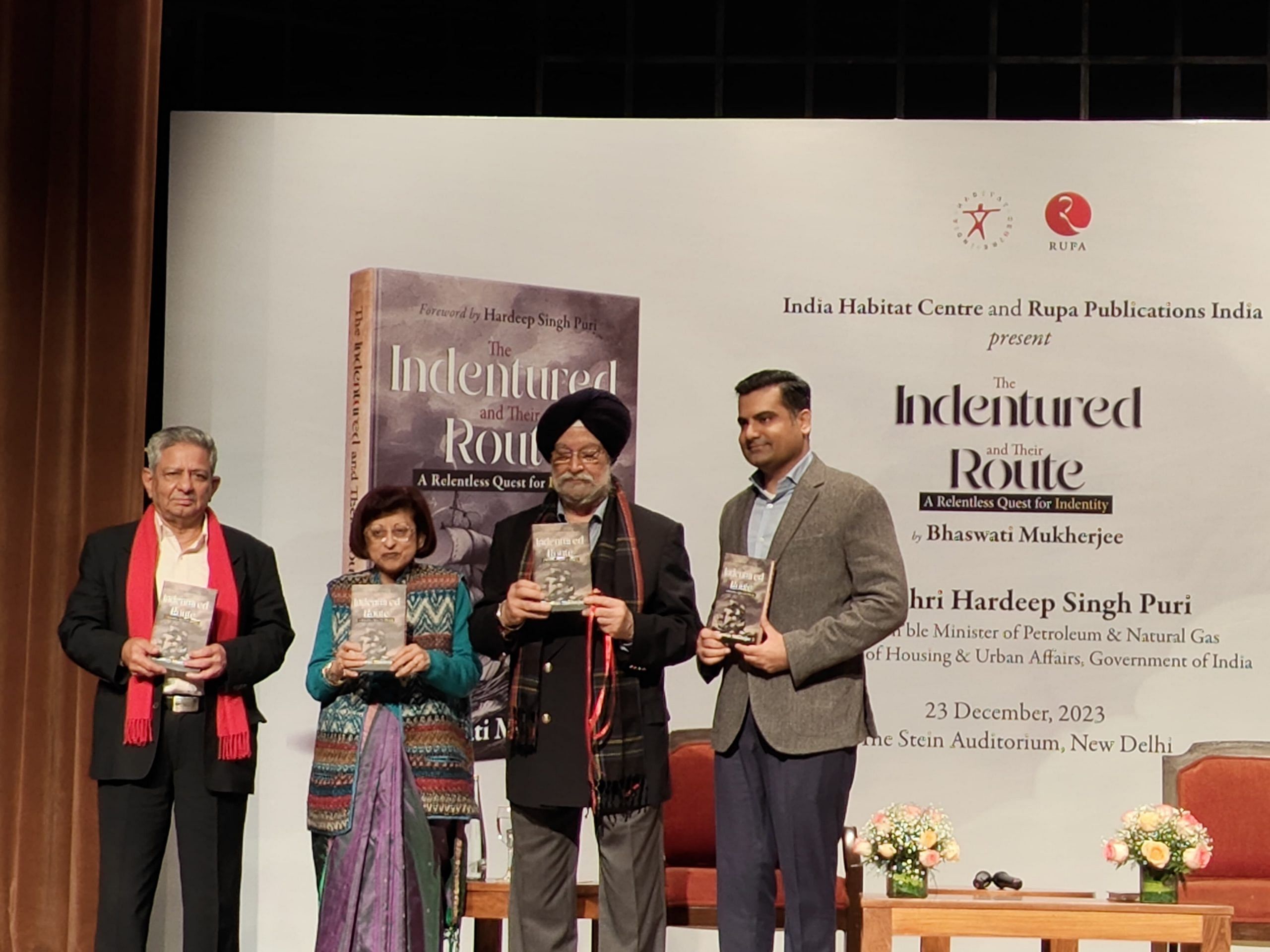 Author Bhaswati Mukherjee with Commentator Rajeev Dogra, Union Minister Hardeep Singh Puri and Rupa Publications Managing Director Kapish Mehra at the book launch | Sampurna Panigrahi, ThePrint