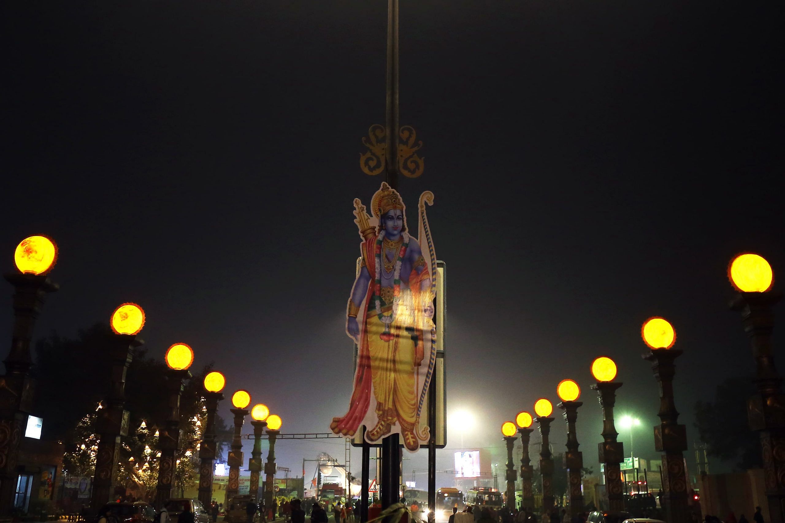 A cutout of Ram near Lata Mangeshkar Chowk appears to look on at preparations for the 22 January pran pratishtha ceremony | Photo: Suraj Singh Bisht | ThePrint