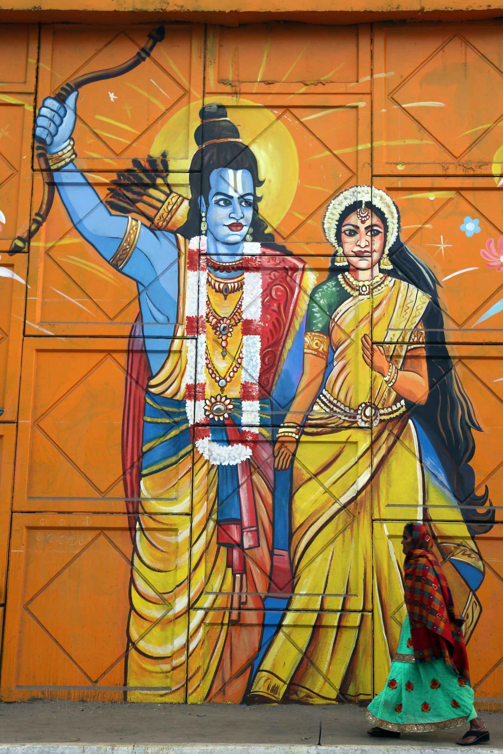 A mural of Ram and Sita greet passers-by | Photo: Suraj Singh Bisht | ThePrint