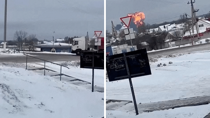 A Russian military transport plane crashes near Yablonovo, Belgorod Region, Russia, January 24, 2024, in this screen grab from a social media video | Reuters