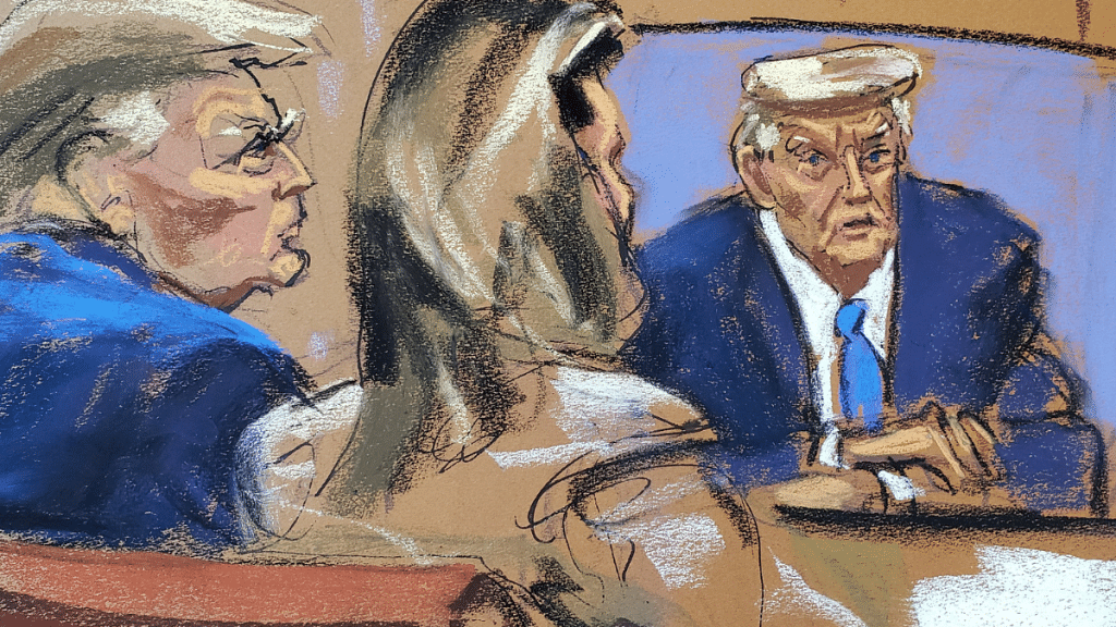 A courtroom sketch showing Former U.S. President Donald Trump watches footage of himself giving a video deposition, at Manhattan Federal Court in New York City, U.S, 2024 | Reuters