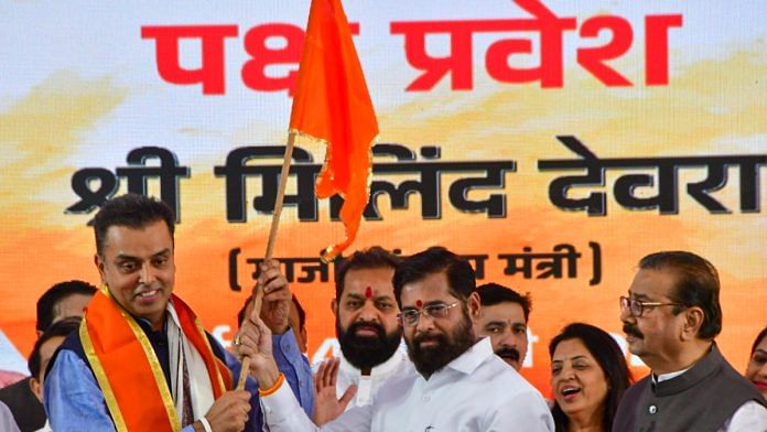 Maharashtra Chief Minister Eknath Shinde welcomes former Congress leader Milind Deora who joined Shiv Sena (Shinde faction), in Mumbai, Sunday, Jan. 14, 2024 | PTI