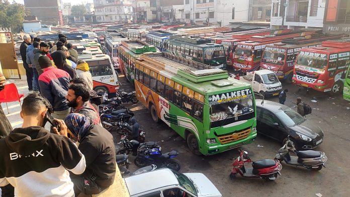Drivers and their buses parked at a bus stand as they are on strike against the new hit-and-run law, in Udhampur on Tuesday, 2 January | ANI