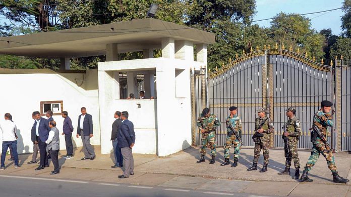 Police personnel stand guard outside the Jharkhand Chief Minister Hemant Soren's residence in Ranchi, after the ED team reached his New Delhi residence in connection with a money laundering case, Monday, Jan. 29, 2024 | PTI