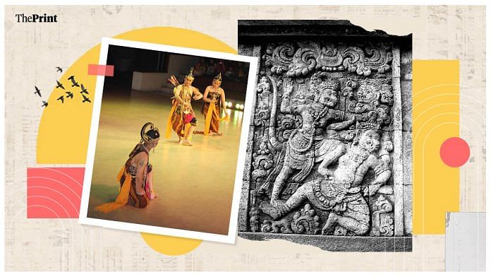 (L) A Javanese dance depicting Rama and Sita; and (R) A Ramayana relief at Candi Panataran temple complex in East Java | Graphic: Ramandeep Kaur | ThePrint