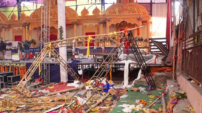 A collapsed platform at Kalkaji Mandir, in New Delhi, Sunday, Jan. 28, 2024. At least one person was killed and 17 others suffered injuries after the platform collapsed during a 'jagran' programme, according to officials | PTI