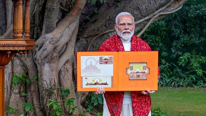 Prime Minister Narendra Modi releases commemorative postage stamps on Shri Ram Janmabhoomi Temple and a book of stamps issued on Lord Ram around the world, in New Delhi, Thursday | PTI