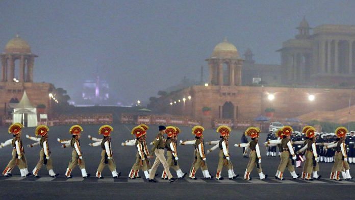 Rehearsals for the Republic Day parade are underway in the national capital despite the chilly weather and early-morning fog at Kartavya Path in New Delhi. India will celebrate its 75th Republic Day on 26 January, 2024. ThePrint Photo | Suraj Singh Bisht