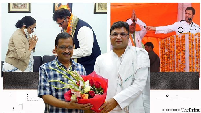 Ashok Tanwar with TMC chief Mamata Banerjee, AAP's Arvind Kejriwal and Congress leader Rahul Gandhi | ThePrint/ANI