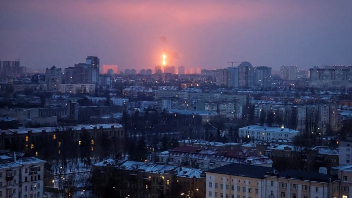 An explosion of a missile is seen in the sky over the city during a Russian missile strike, amid Russia's attack on Ukraine, in Kyiv, Ukraine January 23, 2024 | Reuters