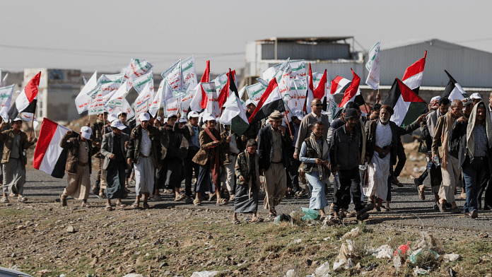 Houthi tribesmen gather to show defiance after U.S. and UK air strikes on Houthi positions near Sanaa, Yemen February 4, 2024 | Reuters