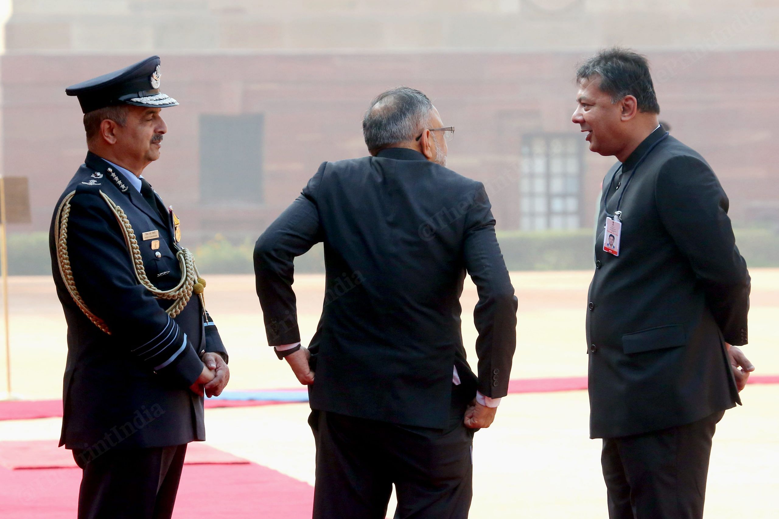 Air Chief Marshal Vivek Ram Chaudhari (L), Cabinet Secretary Rajiv Gauba and IFS officer Anshuman Gaur at Rashtrapati Bhavan | Praveen Jain | ThePrint