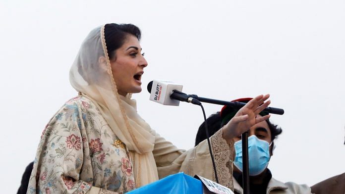 Maryam Nawaz, the daughter of Pakistan's former Prime Minister Nawaz Sharif, gestures as she speaks during an anti-government protest rally organized by the Pakistan Democratic Movement (PDM), an alliance of political opposition parties, in Peshawar, Pakistan November 22, 2020 | Reuters File Photo