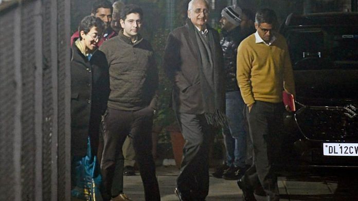 File image of AAP leaders Raghav Chadha, Sandeep Pathak, Saurabh Bhardwaj, and Atishi, and Congress leader Salman Khurshid, among others, after a January meeting with Congress leader Mukul Wasnik, the convenor of the Congress national alliance committee, in New Delhi | ANI