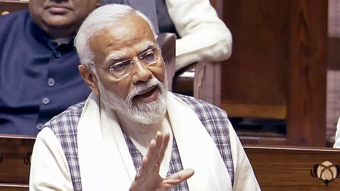 Prime Minister Narendra Modi replies to the debate on the motion of thanks to the President's address in the Rajya Sabha during the Interim Budget Session of Parliament, in New Delhi on Wednesday | ANI Photo/SansadTV