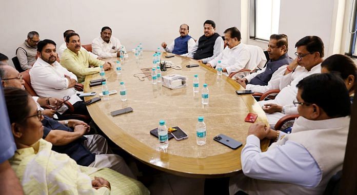 Maharashtra Congress Chief Nana Patole and other party leaders attend a meeting chaired by AICC general secretary Ramesh Chennithala after former chief minister Ashok Chavan joined the BJP at Gandhi Bhavan in Mumbai’s Colaba on Tuesday | ANI photo