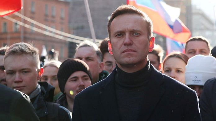 Russian opposition politician Alexei Navalny takes part in a rally to mark the 5th anniversary of opposition politician Boris Nemtsov's murder and to protest against proposed amendments to the country's constitution, in Moscow, Russia February 29, 2020. REUTERS/Shamil Zhumatov/File Photo