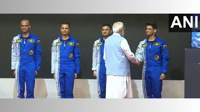 PM Modi with astronauts -- (From left to right) Group Captain P Balakrishnan Nair, Group Captain Ajit Krishnan, Group Captain Angad Pratap, and Wing Commander S Shukla | ANI Video grab